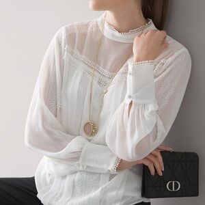 White House Black Market Mock Neck Lace Trim Sheer Blouse Size M